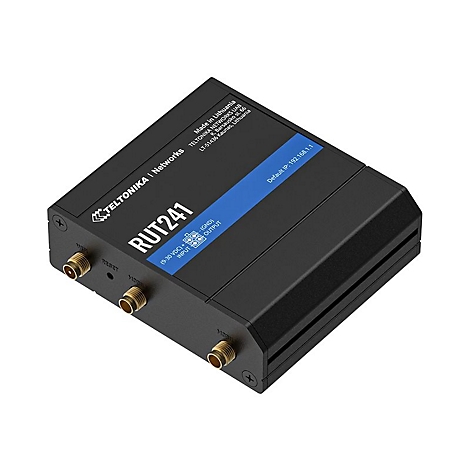 Ein schwarzes, rechteckiges Gerät mit goldenen Anschlüssen. Aufschrift: RUT241. Details: Input, Output, Default IP.