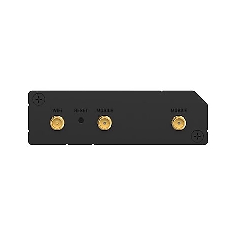 Draufsicht auf ein schwarzes elektronisches Gerät mit drei goldfarbenen Antennenanschlüssen und Beschriftung: WiFi, Reset, Mobile.