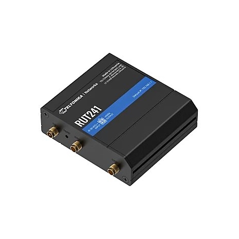 Schwarzer Router mit drei Anschlüssen, blauem Streifen mit Schrift und Aufschrift RUT241. Draufsicht, heller Hintergrund.