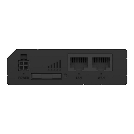 Schwarzes Netzwerkgerät mit Anschlüssen und Anzeigen. Beschriftungen: Power, LAN, WAN.