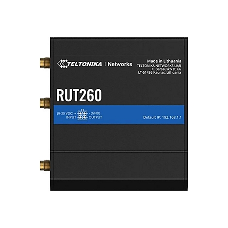 Schwarzer Router mit drei Antennen, Schriftzug RUT260 und technische Angaben. Der Router hat blaue und weiße Beschriftungen.