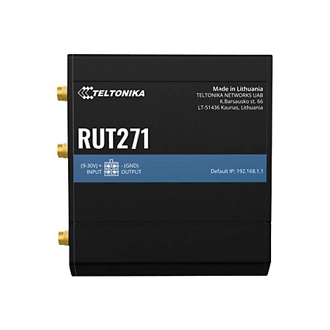 Schwarzer Router mit "RUT271" und "TELTONIKA" Aufschrift. Anschlüsse und technische Daten. Aufschrift: "Made in Lithuania".