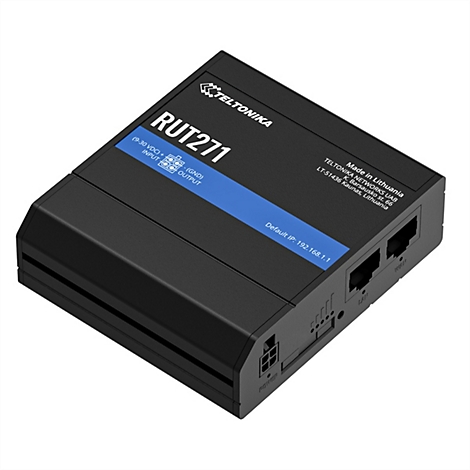 Schwarzer Router mit blauen Akzenten, Modell RUT271, mit Anschlüssen und Herstellerlogo.