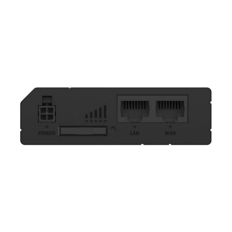 Schwarzes Netzwerkgerät mit Anschlüssen für LAN, WAN, Power-Eingang und LED-Anzeige.