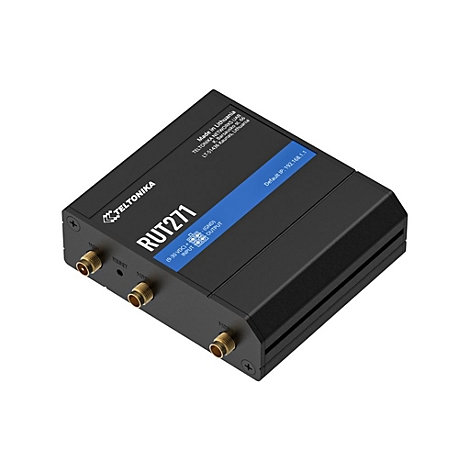 Schwarzer Router mit "RUT271" Aufdruck und Anschlüssen. Aufschrift: "TELTONIKA", "Made in Lithuania", und "Default IP: 192.168.1.1".