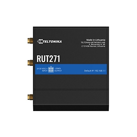 Schwarzes Netzwerkgerät RUT271 mit Anschlüssen, Logo und technischer Beschriftung. Blaue Leiste mit IP-Adresse.