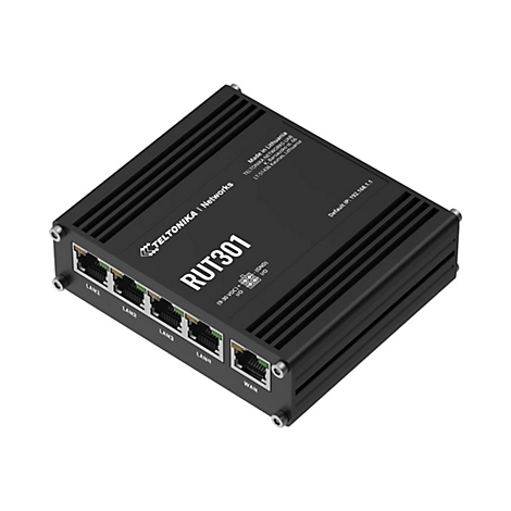 Schwarzer Router mit "TELTONIKA Networks" und "RUT301" Schriftzug. Anschlüsse für LAN und WAN.