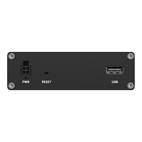 Schwarzes Gerät mit Anschlüssen. Beschriftungen: PWR, RESET, USB. Vier Schrauben an den Ecken.