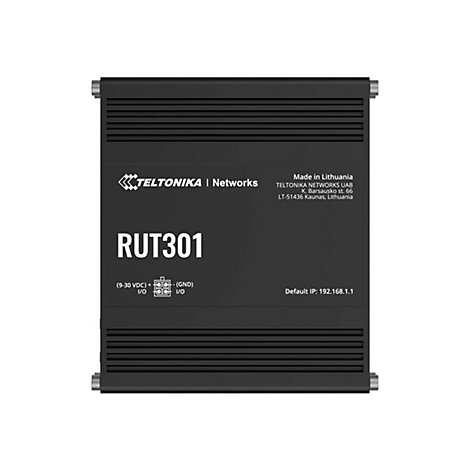 Schwarzer Router mit Texten wie "RUT301", "TELTONIKA", "Made in Lithuania", und Anschlüssen.