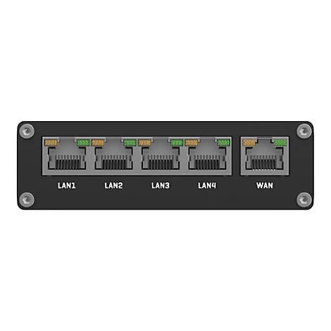 Nahaufnahme eines schwarzen Routers mit Anschlüssen für LAN1, LAN2, LAN3, LAN4 und WAN. Die Anschlüsse sind mit farbigen LEDs gekennzeichnet.