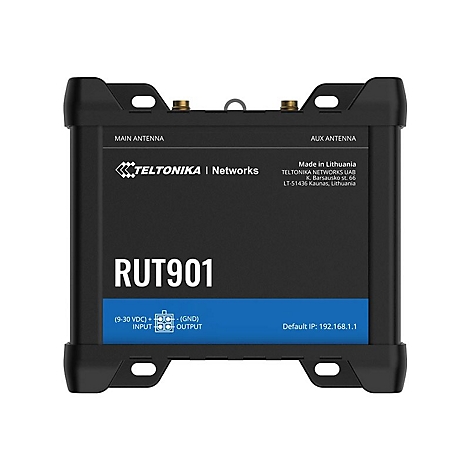 Appareil réseau noir avec RUT901, logo Teltonika et détails techniques. Haut : Antenne principale et auxiliaire.