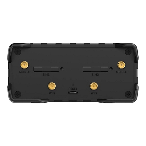 Schwarzes elektronisches Gerät mit Anschlüssen für SIM und WiFi.