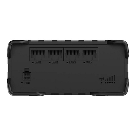 Schwarzer Router mit Anschlüssen für LAN und WAN. Beschriftungen: LAN1, LAN2, LAN3, WAN, PWR. Anzeige für WLAN-Signal.