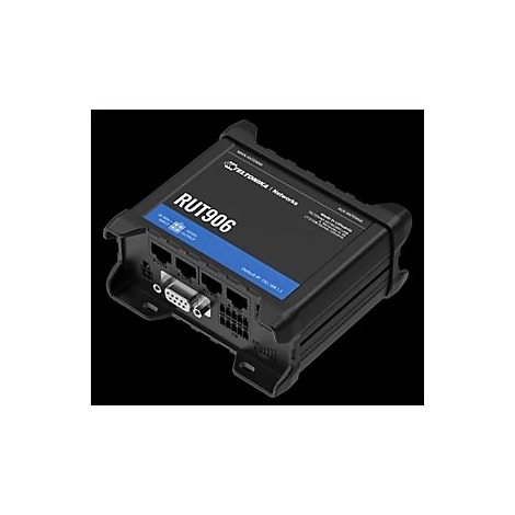 Schwarzer Router RUT906 mit blauer Beschriftung und Anschlüssen. Der Router ist auf schwarzem Hintergrund abgebildet.