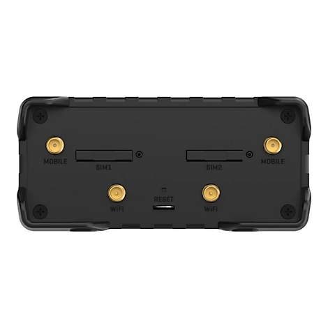 Appareil électronique noir avec connecteurs pour mobile, SIM, WiFi et réinitialisation.