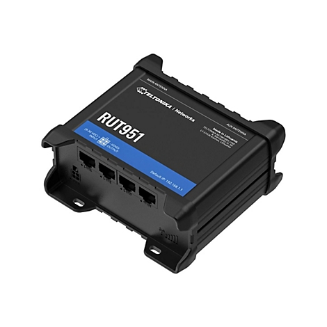 Schwarzer Router RUT951 mit Anschlüssen und weißer Schrift. Logos von Teltonika.