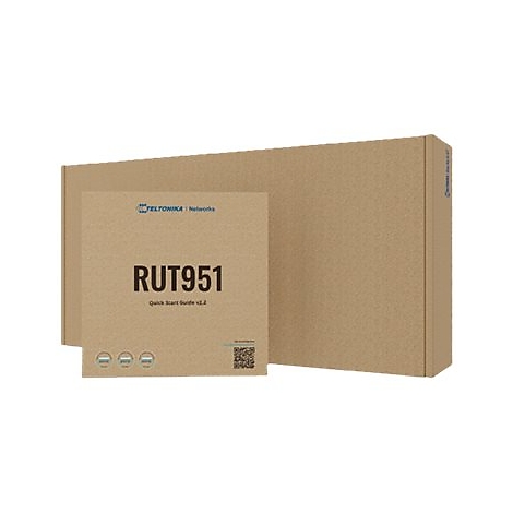 Braune Verpackung und Handbuch mit der Aufschrift RUT951 Quick Start Guide v2.2.