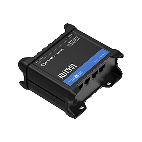 Schwarzer Router mit blauen Akzenten, RUT951 beschriftet, Teltonika Networks Logo, Anschlüsse und Antennen.