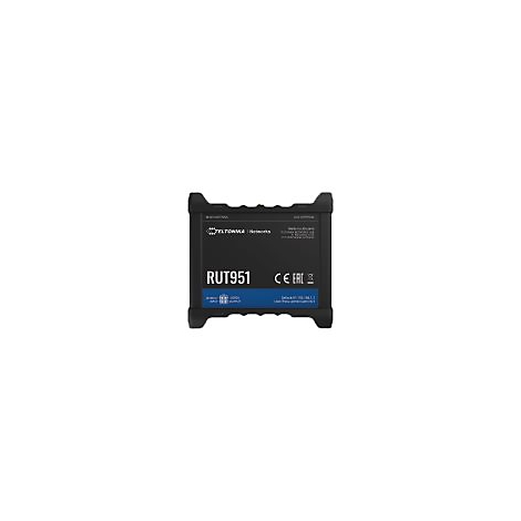Schwarzes RUT951 Gerät, blauer Schriftzug, CE-Zeichen, Produktname, Herstellerlogo.