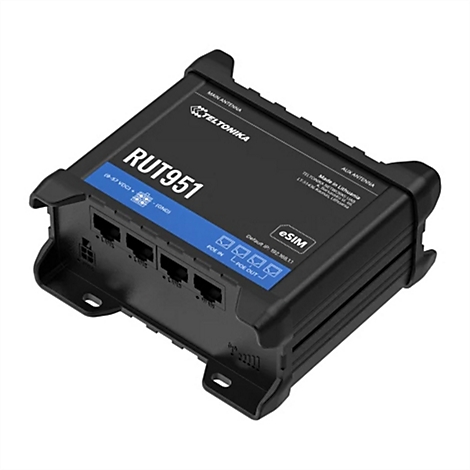 Ein schwarzer Router mit Aufschriften wie "RUT951", "eSIM" und "POE".