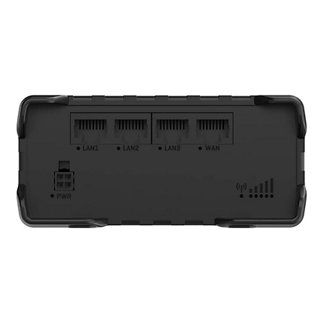 Schwarzer Router mit Anschlüssen für LAN und WAN, sowie Power-Anschluss. Darunter Statusanzeigen.