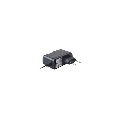 Schwarzes Netzteil mit einem EU-Stecker. Ein Etikett mit technischen Daten ist auf der Seite angebracht.