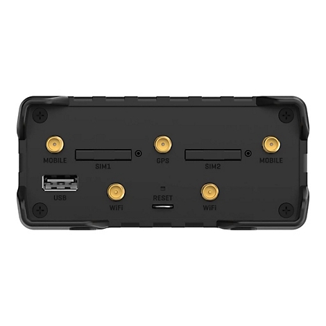 Schwarzes Gerät mit Anschlüssen für USB, SIM-Karten, GPS und WLAN. Beschriftungen in Weiß.