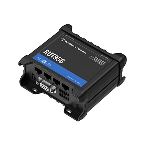 Schwarzer Router mit "RUT956" Aufschrift. Anschlüsse und Antennen-Labels. Hersteller: Teltonika Networks.