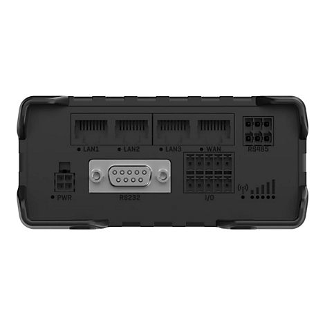 Schwarzes elektronisches Gerät mit Anschlüssen für Strom, LAN, WAN und RS232.