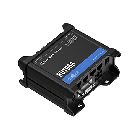 Schwarzes Router-Gerät, RUT956, mit Anschlüssen und Logo.