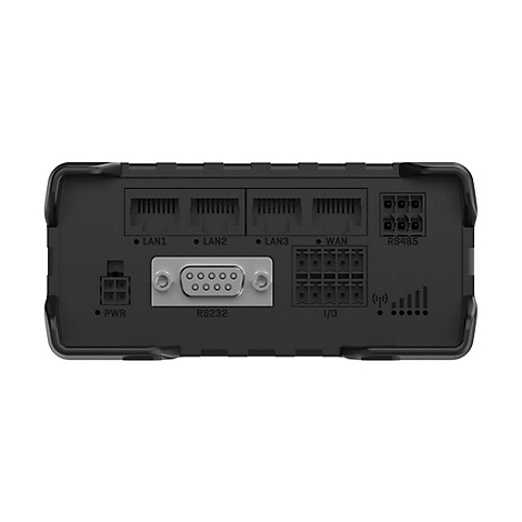 Schwarzes Router-Rückteil mit Anschlüssen für LAN, WAN, RS232, RS485 und Stromanschluss.