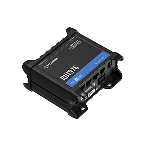 Schwarzes Netzwerkgerät RUT976 mit Logos, Anschlüssen und Beschriftungen. Haupt- und Zusatzantenne, Eingangs- und Ausgangsanschlüsse sind erkennbar.