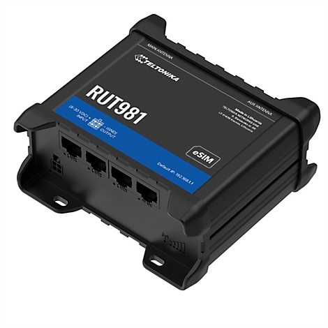 Schwarzer Router RUT981 mit Anschlüssen, Beschriftungen und Firmenlogo, Details zu eSIM und IP-Adresse sind sichtbar.