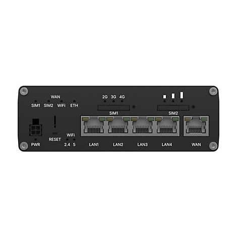 Frontansicht eines industriellen Netzwerk-Routers mit SIM-Slots, LAN- und WAN-Anschlüssen sowie Status-LEDs.