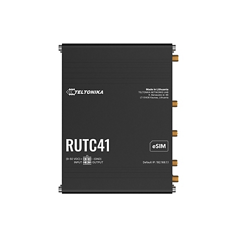 Schwarzes Teltonika RUTC41 Industriegateway mit goldenen Antennenanschlüssen und technischer Beschriftung.