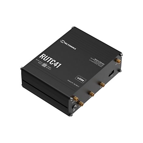 Schwarzer Teltonika RUTC41 Industrie-Router mit Antennenanschlüssen und eSim-Kennzeichnung auf weißem Hintergrund.
