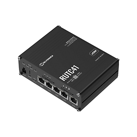 Schwarzer Teltonika RUTC41 Industrie-Router mit LAN-Ports und SIM-Kartenslots auf weißem Hintergrund.