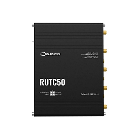 Schwarzes elektronisches Gerät mit „TELTONIKA“ und „RUTC50“ beschriftet, Anschlüssen und technischen Daten.