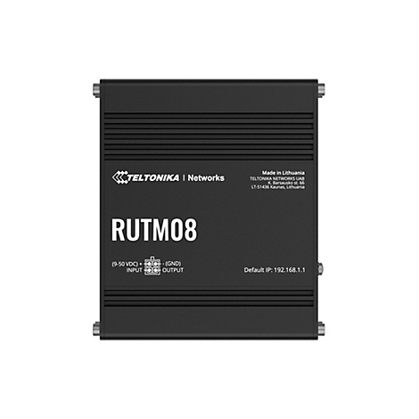 Schwarzer Teltonika Netzwerke Router RUTM08 vor neutralem Hintergrund.