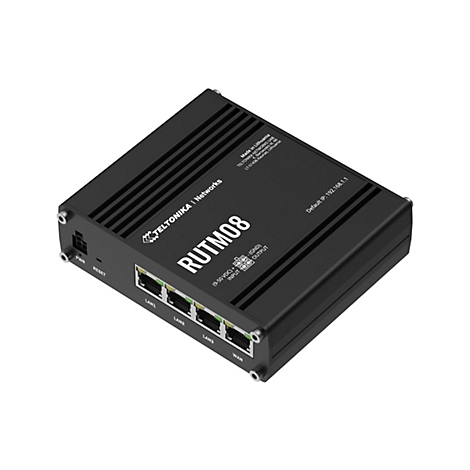 Schwarzer Teltonika RUTM08 Router mit LAN- und WAN-Anschlüssen auf weißem Hintergrund.