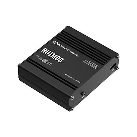 Schwarzer Teltonika RUTM08 Router in einem Metallgehäuse mit deutlich lesbaren technischen Beschriftungen.