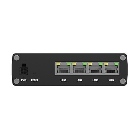 Rückseite eines schwarzen Netzwerkrouters mit Stromanschluss, Reset-Taste und vier LAN/WAN-Anschlüssen.