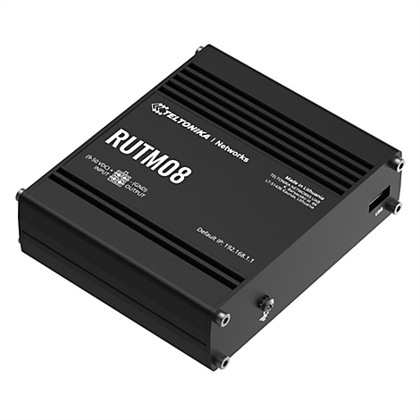 Schwarzes RUTM08-Gerät, vorne Beschriftungen und Anschlüsse, oben mit Lüftungsschlitzen. Aufschrift "TELTONIKA | Networks".