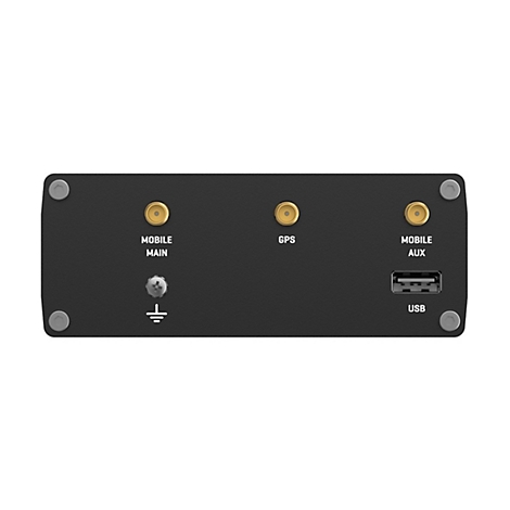 Rückseite eines schwarzen Elektronikgeräts mit drei goldenen Antennenanschlüssen, einem USB-Port und Erdungsschraube.