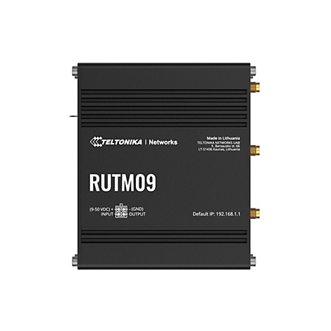 Schwarzer Teltonika RUTM09 Router mit Anschlüssen und Firmenlogo auf weißem Hintergrund.