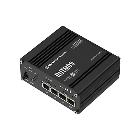 Schwarzer Teltonika RUTM09 Industrie-Router mit LAN-Ports und SIM-Kartenslots auf weißem Hintergrund.