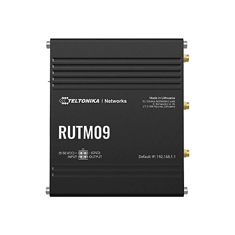 Schwarzes RUTM09-Gerät mit Text: TELTONIKA Networks, RUTM09, Anschlüsse und IP-Adresse. Herstellerangabe: Made in Lithuania.