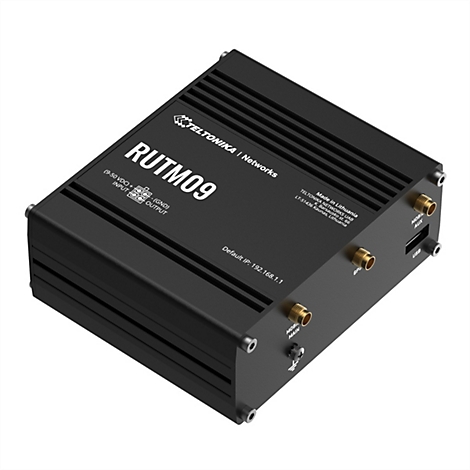 Schwarzer Router mit "RUTM09" Schriftzug. Anschlüsse, Text: "Default IP: 192.168.1.1", Logo.