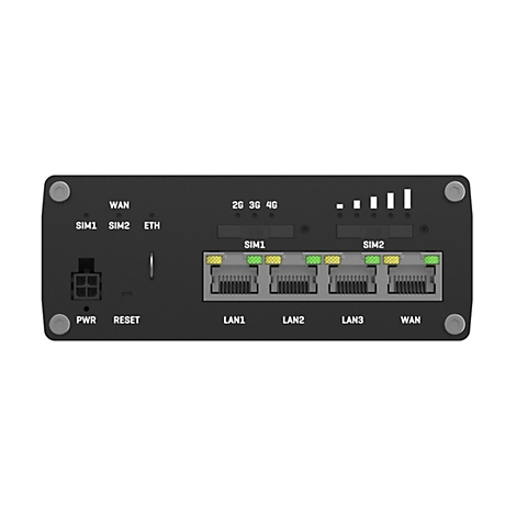 Frontansicht eines schwarzen Netzwerk-Routers mit vier Ethernet-Anschlüssen, SIM-Kartenslots und Status-LEDs.