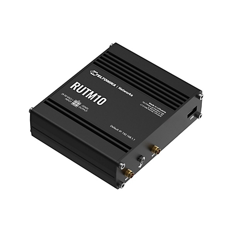 Schwarzer Teltonika RUTM10 Industrie-Router mit Anschlüssen auf neutralem Hintergrund.